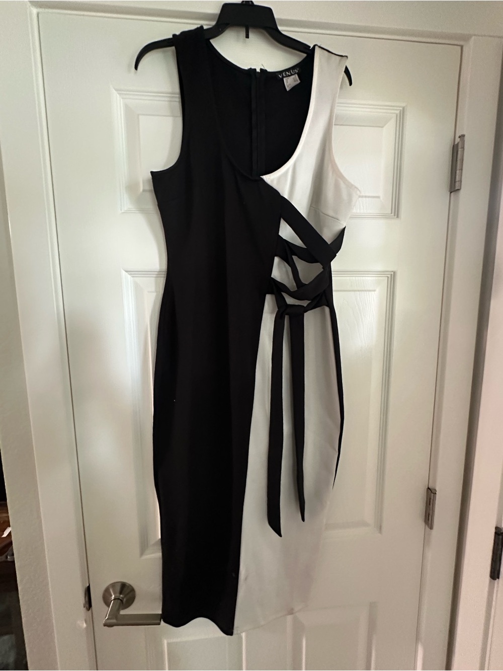 Black and white dress with tie accent
